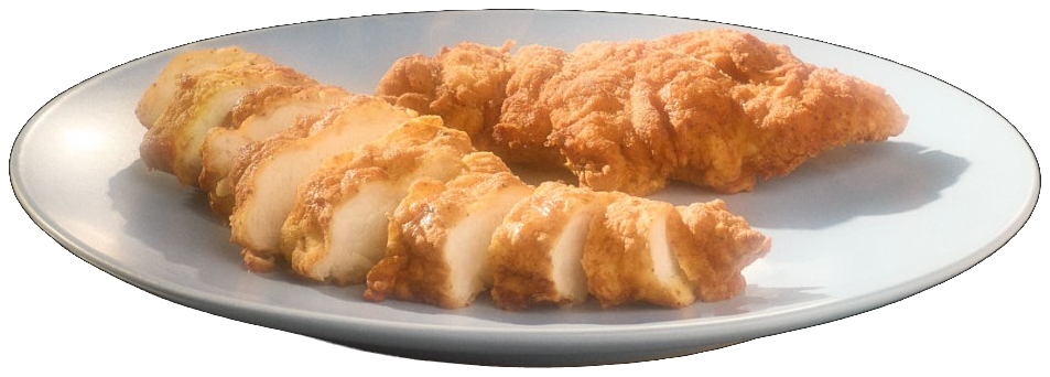Sliced breaded chicken on a plate, with a crisp golden crust and juicy white interior